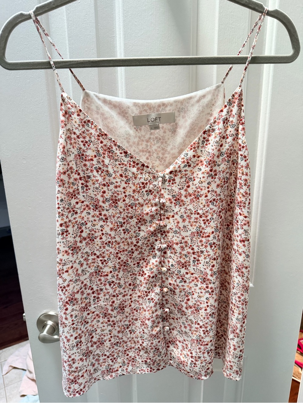 LOFT White Camisole with Red Floral Print and Front Buttons